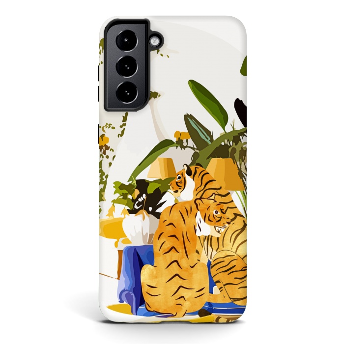 Galaxy S21 StrongFit Tiger Reserve Villa | Bohemian Tropical Jungle Décor | Pastel Honeymoon Couple Love Wildlife by Uma Prabhakar Gokhale