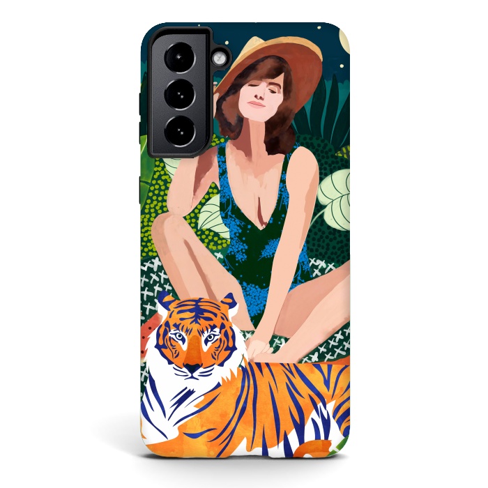Galaxy S21 StrongFit Living In The Jungle, Tiger Tropical Picnic Illustration, Forest Woman Bohemian Travel Camp Wild by Uma Prabhakar Gokhale