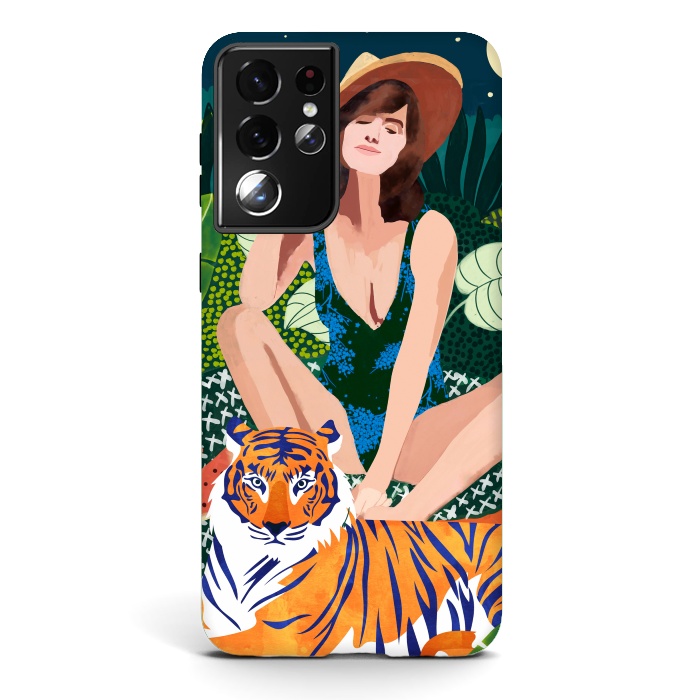 Galaxy S21 ultra StrongFit Living In The Jungle, Tiger Tropical Picnic Illustration, Forest Woman Bohemian Travel Camp Wild by Uma Prabhakar Gokhale