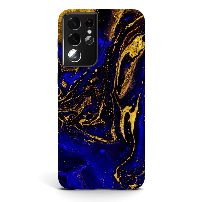 Galaxy S21 ultra StrongFit Blue marble and abstract gold background texture with swirls by ArtsCase