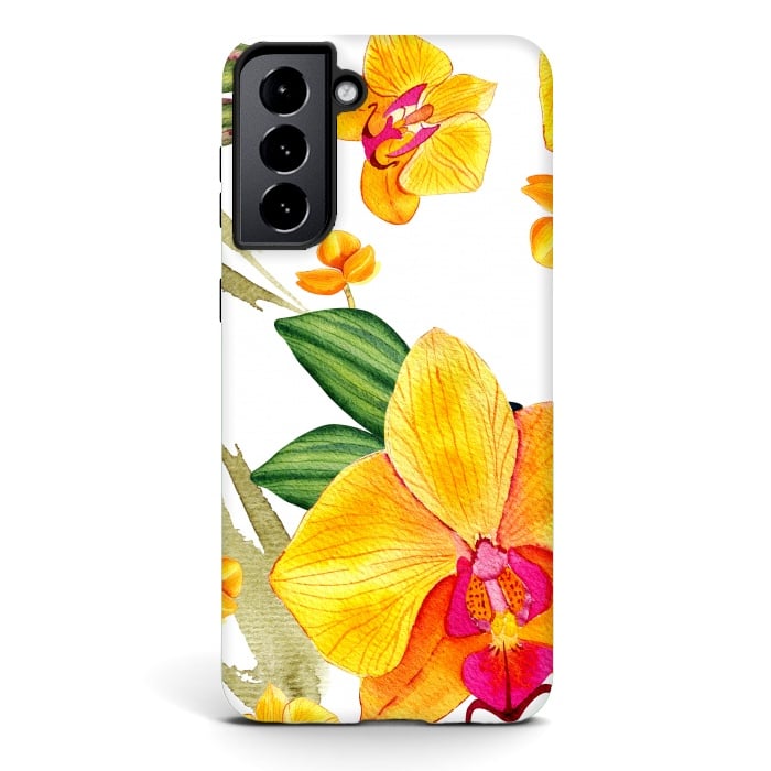 Galaxy S21 StrongFit watercolor yellow orchid flowers by haroulita