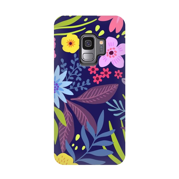 Galaxy S9 StrongFit Amazing seamless floral pattern with bright colorful flowers and leaves on a dark blue background by ArtsCase