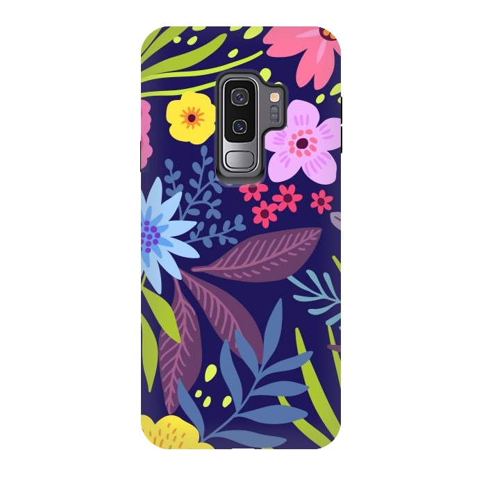 Galaxy S9 plus StrongFit Amazing seamless floral pattern with bright colorful flowers and leaves on a dark blue background by ArtsCase