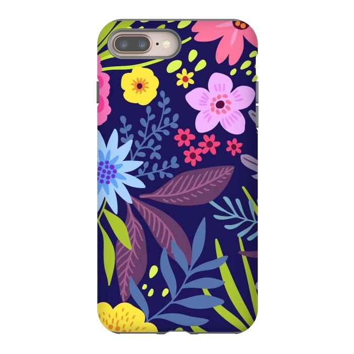 iPhone 8 plus StrongFit Amazing seamless floral pattern with bright colorful flowers and leaves on a dark blue background by ArtsCase