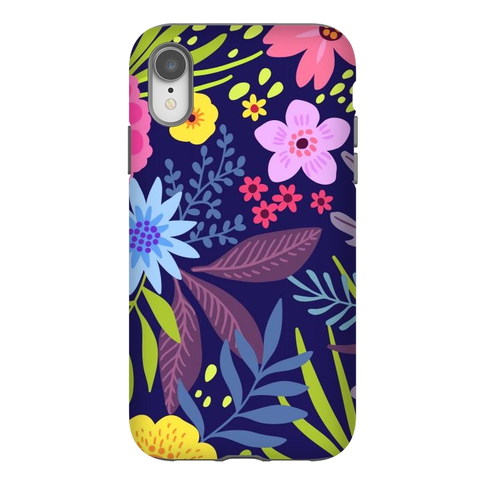 iPhone Xr StrongFit Amazing seamless floral pattern with bright colorful flowers and leaves on a dark blue background by ArtsCase