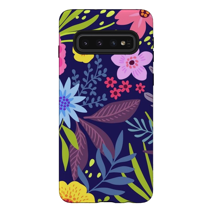 Galaxy S10 StrongFit Amazing seamless floral pattern with bright colorful flowers and leaves on a dark blue background by ArtsCase