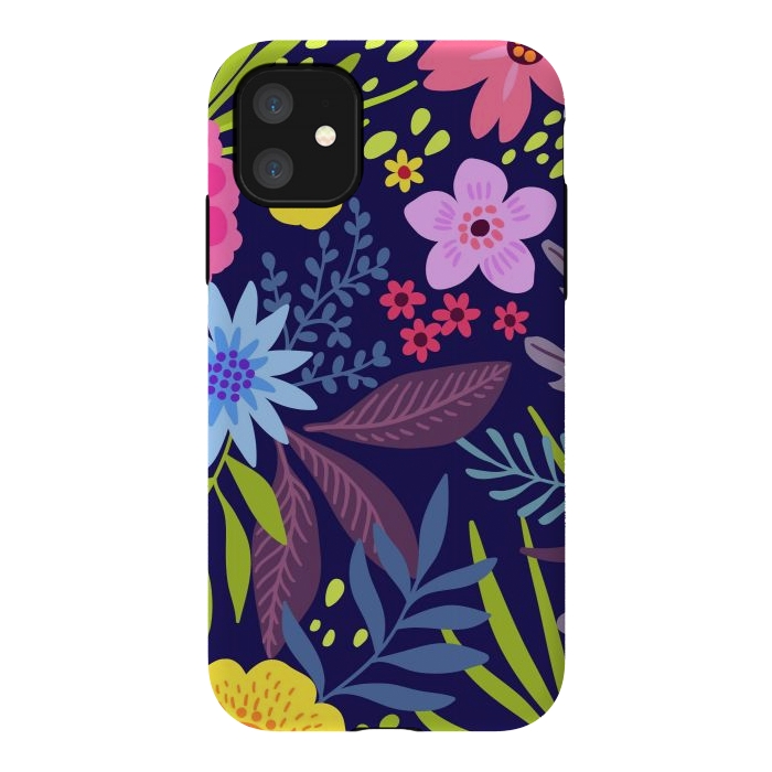 iPhone 11 StrongFit Amazing seamless floral pattern with bright colorful flowers and leaves on a dark blue background by ArtsCase