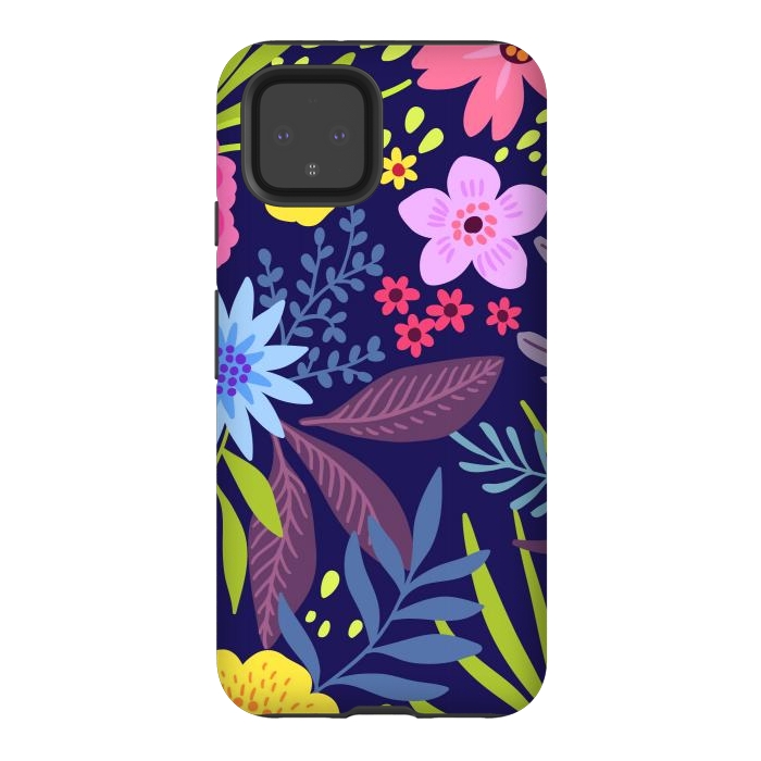 Pixel 4 StrongFit Amazing seamless floral pattern with bright colorful flowers and leaves on a dark blue background by ArtsCase
