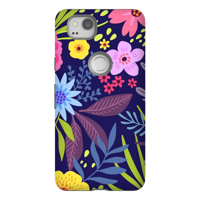 Pixel 2 StrongFit Amazing seamless floral pattern with bright colorful flowers and leaves on a dark blue background by ArtsCase