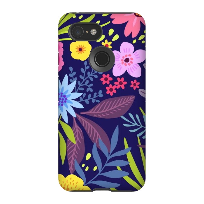 Pixel 3 StrongFit Amazing seamless floral pattern with bright colorful flowers and leaves on a dark blue background by ArtsCase