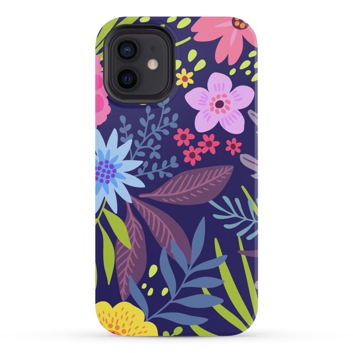 iPhone 12 mini StrongFit Amazing seamless floral pattern with bright colorful flowers and leaves on a dark blue background by ArtsCase