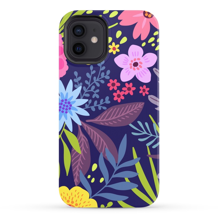 iPhone 12 StrongFit Amazing seamless floral pattern with bright colorful flowers and leaves on a dark blue background by ArtsCase