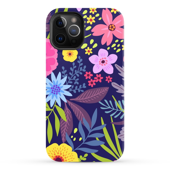 iPhone 12 Pro Max StrongFit Amazing seamless floral pattern with bright colorful flowers and leaves on a dark blue background by ArtsCase