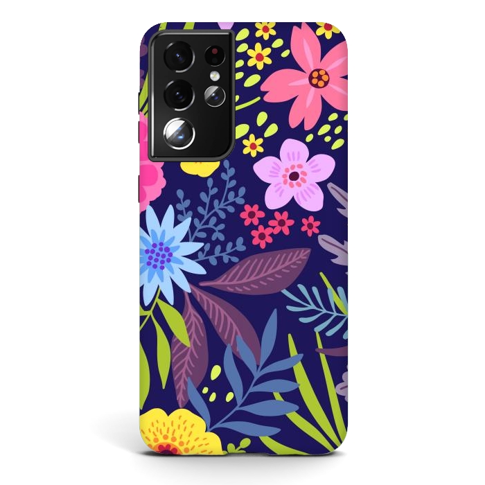 Galaxy S21 ultra StrongFit Amazing seamless floral pattern with bright colorful flowers and leaves on a dark blue background by ArtsCase