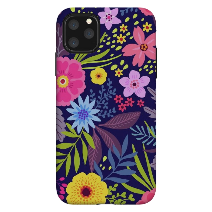 iPhone 11 Pro Max StrongFit Amazing seamless floral pattern with bright colorful flowers and leaves on a dark blue background by ArtsCase