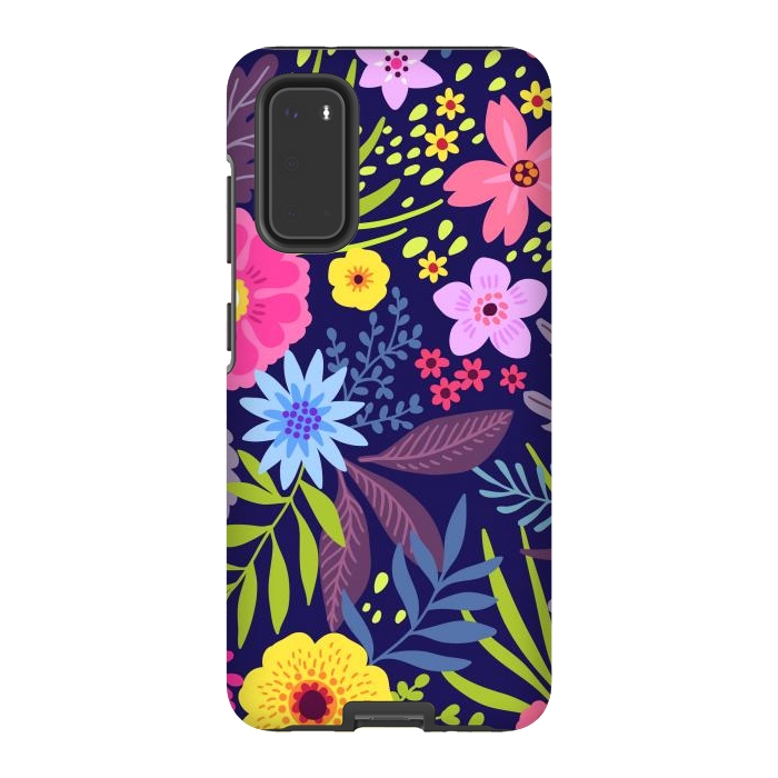 Galaxy S20 StrongFit Amazing seamless floral pattern with bright colorful flowers and leaves on a dark blue background by ArtsCase
