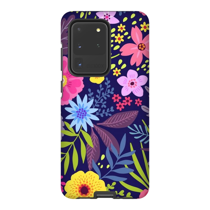 Galaxy S20 Ultra StrongFit Amazing seamless floral pattern with bright colorful flowers and leaves on a dark blue background by ArtsCase