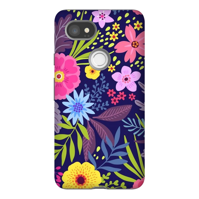 Pixel 2XL StrongFit Amazing seamless floral pattern with bright colorful flowers and leaves on a dark blue background by ArtsCase