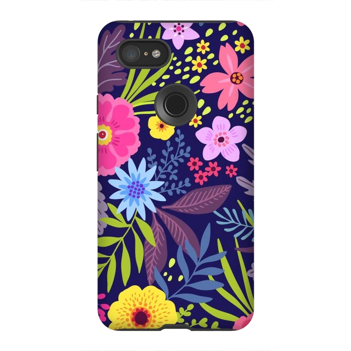 Pixel 3XL StrongFit Amazing seamless floral pattern with bright colorful flowers and leaves on a dark blue background by ArtsCase