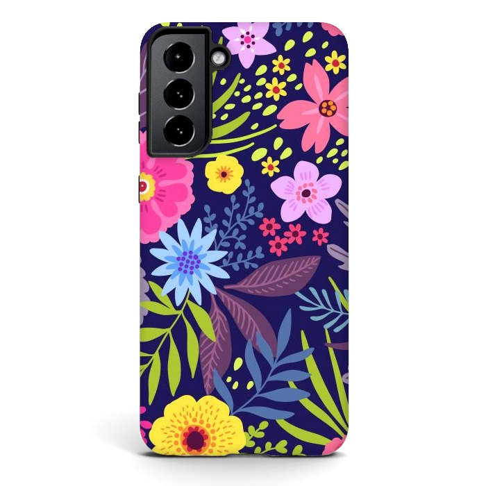 Galaxy S21 StrongFit Amazing seamless floral pattern with bright colorful flowers and leaves on a dark blue background by ArtsCase