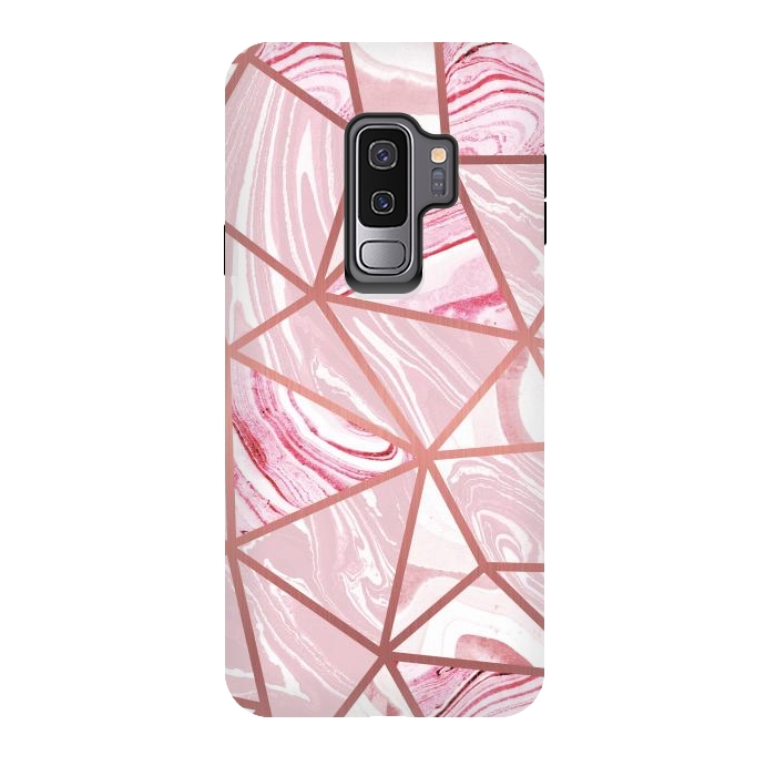 Galaxy S9 plus StrongFit Candy pink marble and rose gold triangles by Oana 