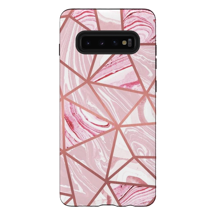Galaxy S10 plus StrongFit Candy pink marble and rose gold triangles by Oana 