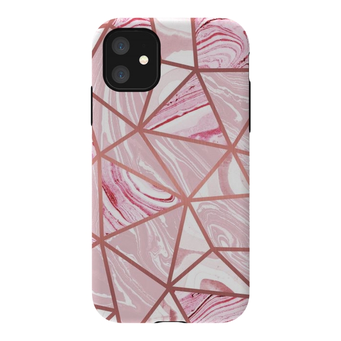 iPhone 11 StrongFit Candy pink marble and rose gold triangles by Oana 