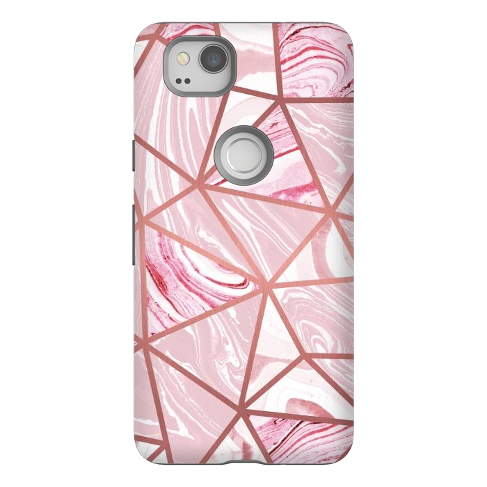 Pixel 2 StrongFit Candy pink marble and rose gold triangles by Oana 