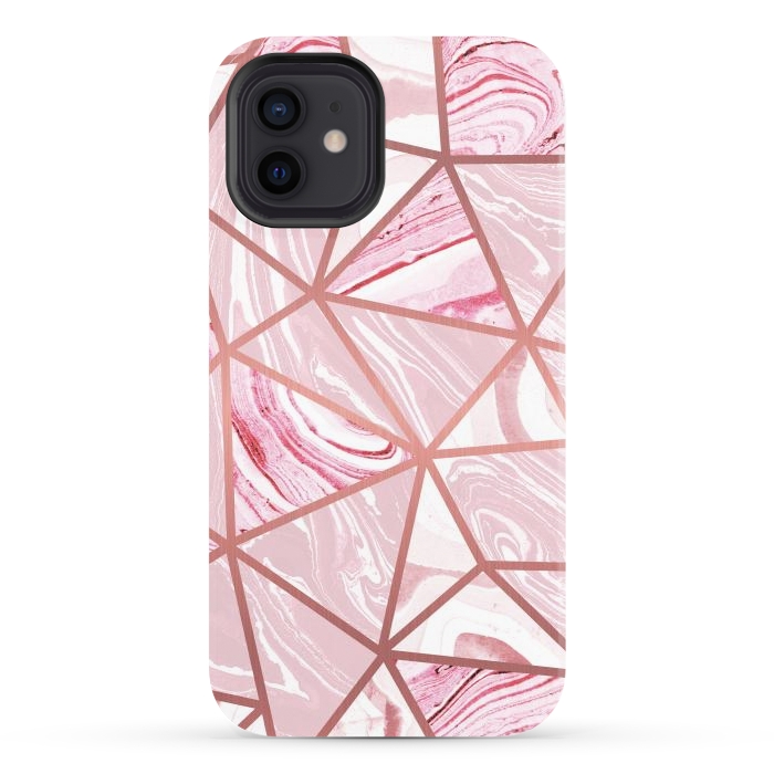 iPhone 12 StrongFit Candy pink marble and rose gold triangles por Oana 