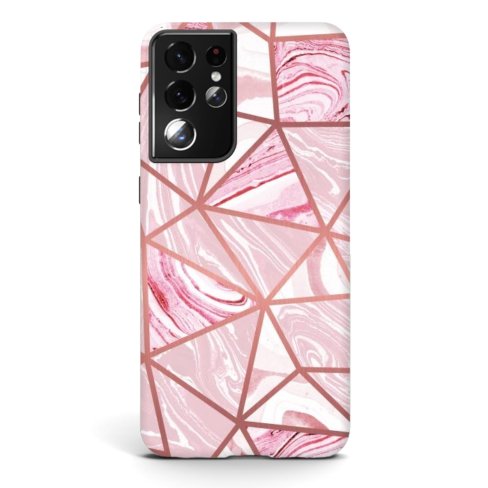 Galaxy S21 ultra StrongFit Candy pink marble and rose gold triangles by Oana 