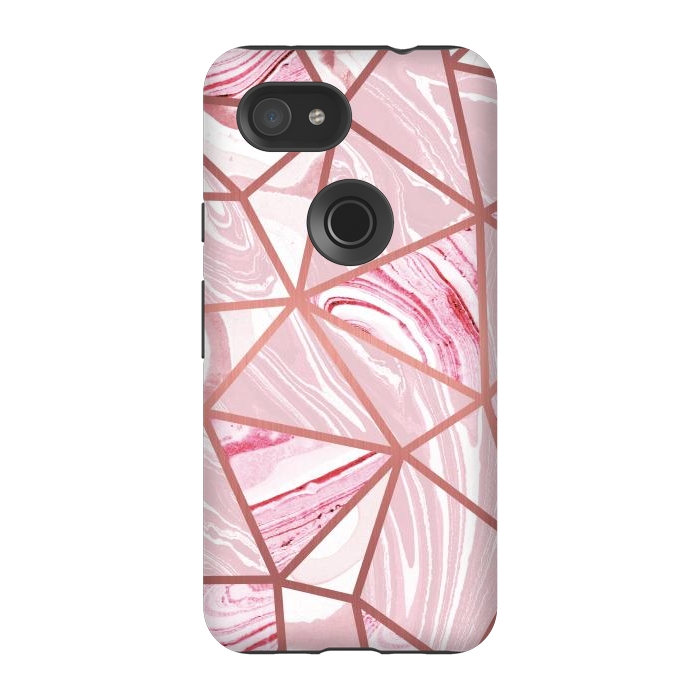 Pixel 3A StrongFit Candy pink marble and rose gold triangles by Oana 