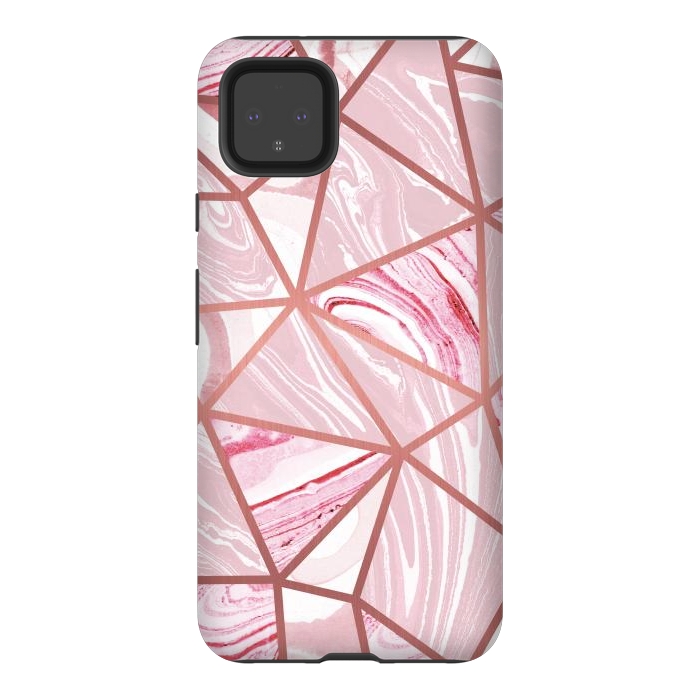 Pixel 4XL StrongFit Candy pink marble and rose gold triangles by Oana 