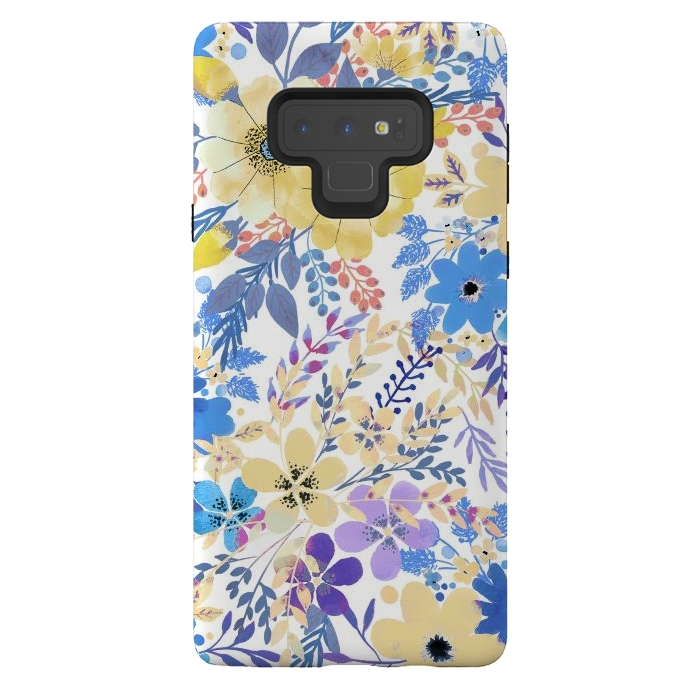 Galaxy Note 9 StrongFit Yellow blue watercolor wildflowers by Oana 