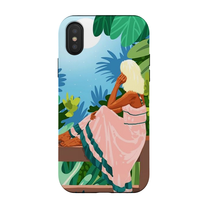 iPhone Xs / X StrongFit Forest Moon, Bohemian Woman Jungle Nature Tropical Colorful Travel Fashion Illustration by Uma Prabhakar Gokhale