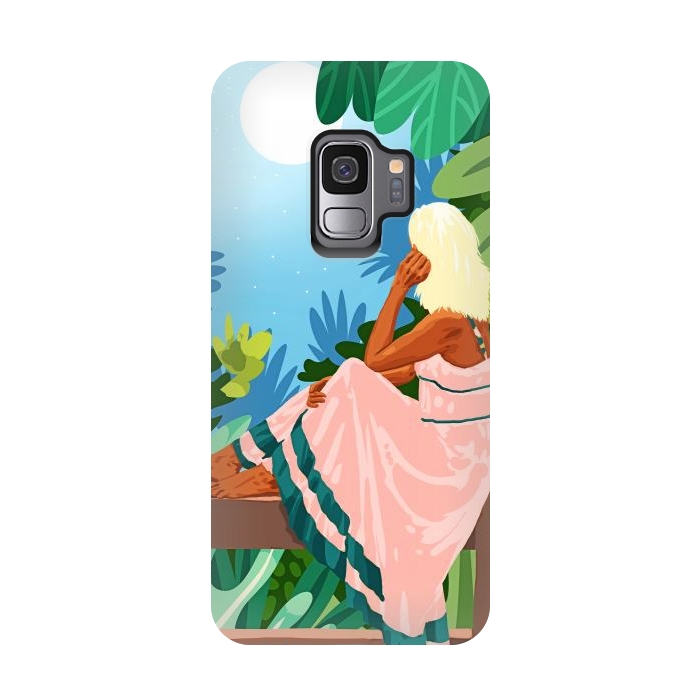 Galaxy S9 StrongFit Forest Moon, Bohemian Woman Jungle Nature Tropical Colorful Travel Fashion Illustration by Uma Prabhakar Gokhale