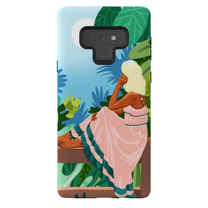 Galaxy Note 9 StrongFit Forest Moon, Bohemian Woman Jungle Nature Tropical Colorful Travel Fashion Illustration by Uma Prabhakar Gokhale