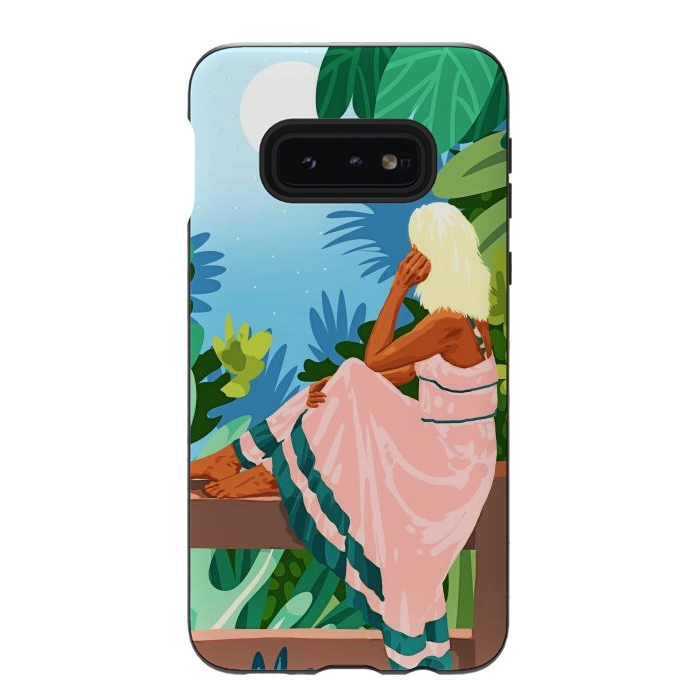 Galaxy S10e StrongFit Forest Moon, Bohemian Woman Jungle Nature Tropical Colorful Travel Fashion Illustration by Uma Prabhakar Gokhale