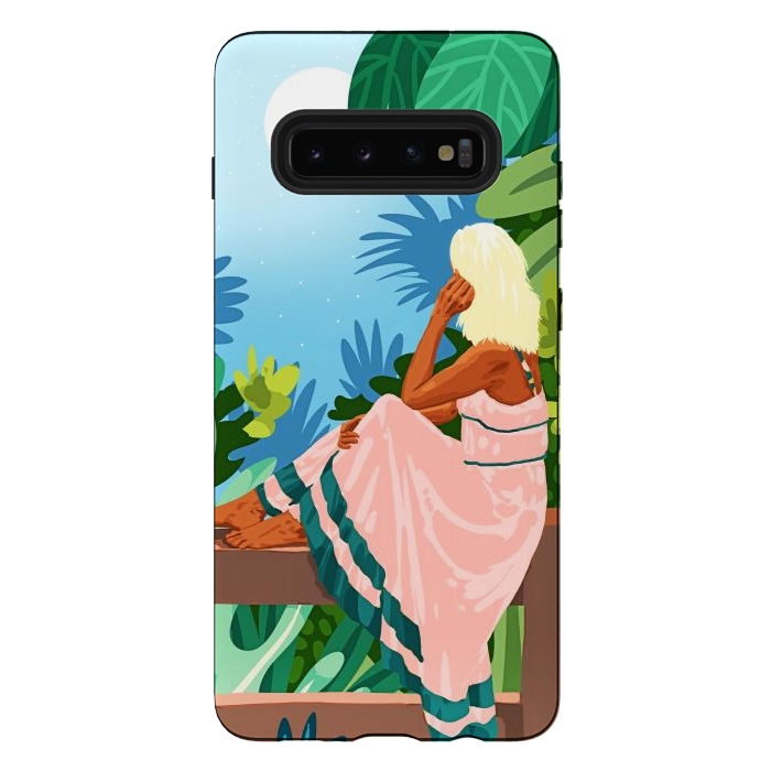 Galaxy S10 plus StrongFit Forest Moon, Bohemian Woman Jungle Nature Tropical Colorful Travel Fashion Illustration by Uma Prabhakar Gokhale