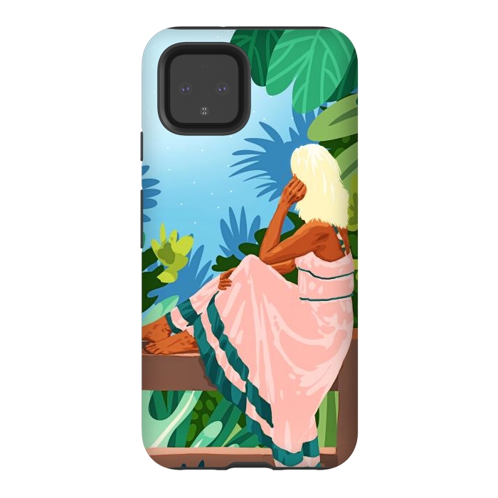 Pixel 4 StrongFit Forest Moon, Bohemian Woman Jungle Nature Tropical Colorful Travel Fashion Illustration by Uma Prabhakar Gokhale