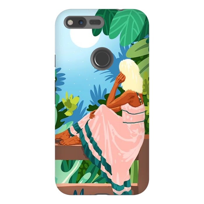 Pixel XL StrongFit Forest Moon, Bohemian Woman Jungle Nature Tropical Colorful Travel Fashion Illustration by Uma Prabhakar Gokhale