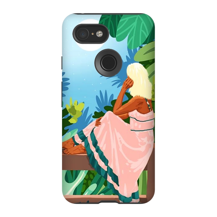 Pixel 3 StrongFit Forest Moon, Bohemian Woman Jungle Nature Tropical Colorful Travel Fashion Illustration by Uma Prabhakar Gokhale