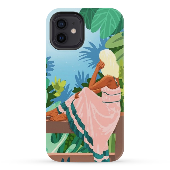 iPhone 12 mini StrongFit Forest Moon, Bohemian Woman Jungle Nature Tropical Colorful Travel Fashion Illustration by Uma Prabhakar Gokhale