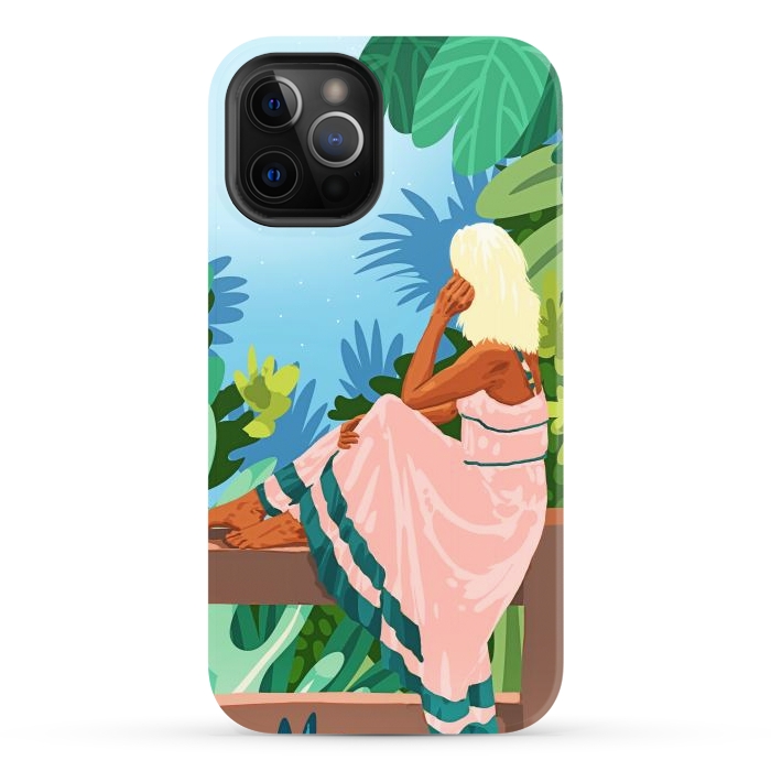 iPhone 12 Pro StrongFit Forest Moon, Bohemian Woman Jungle Nature Tropical Colorful Travel Fashion Illustration by Uma Prabhakar Gokhale