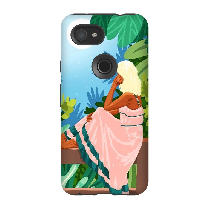 Pixel 3A StrongFit Forest Moon, Bohemian Woman Jungle Nature Tropical Colorful Travel Fashion Illustration by Uma Prabhakar Gokhale