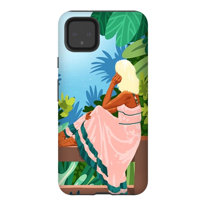 Pixel 4XL StrongFit Forest Moon, Bohemian Woman Jungle Nature Tropical Colorful Travel Fashion Illustration por Uma Prabhakar Gokhale