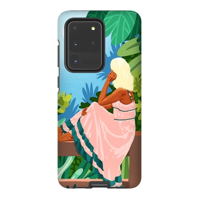 Galaxy S20 Ultra StrongFit Forest Moon, Bohemian Woman Jungle Nature Tropical Colorful Travel Fashion Illustration by Uma Prabhakar Gokhale