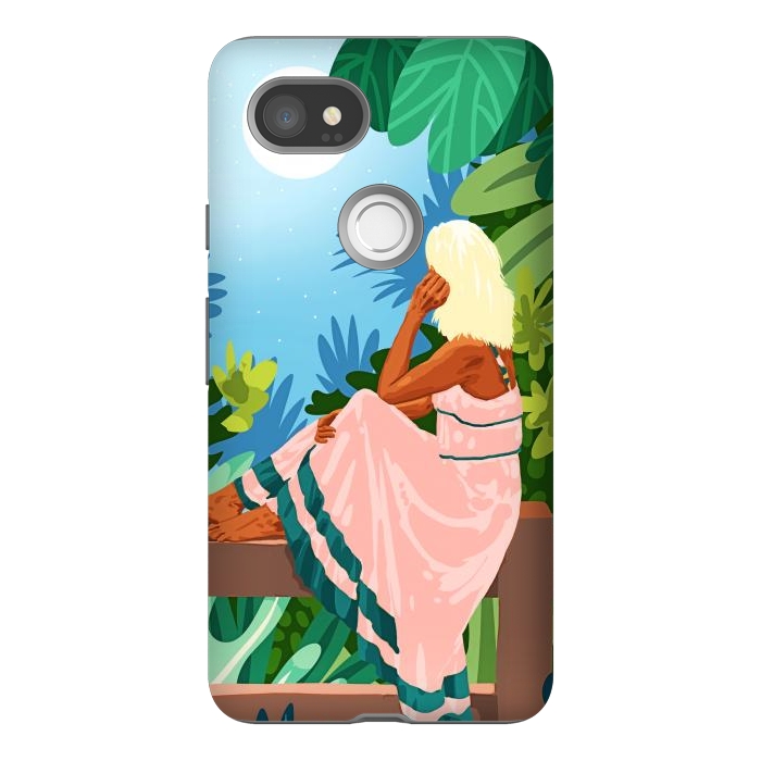 Pixel 2XL StrongFit Forest Moon, Bohemian Woman Jungle Nature Tropical Colorful Travel Fashion Illustration por Uma Prabhakar Gokhale