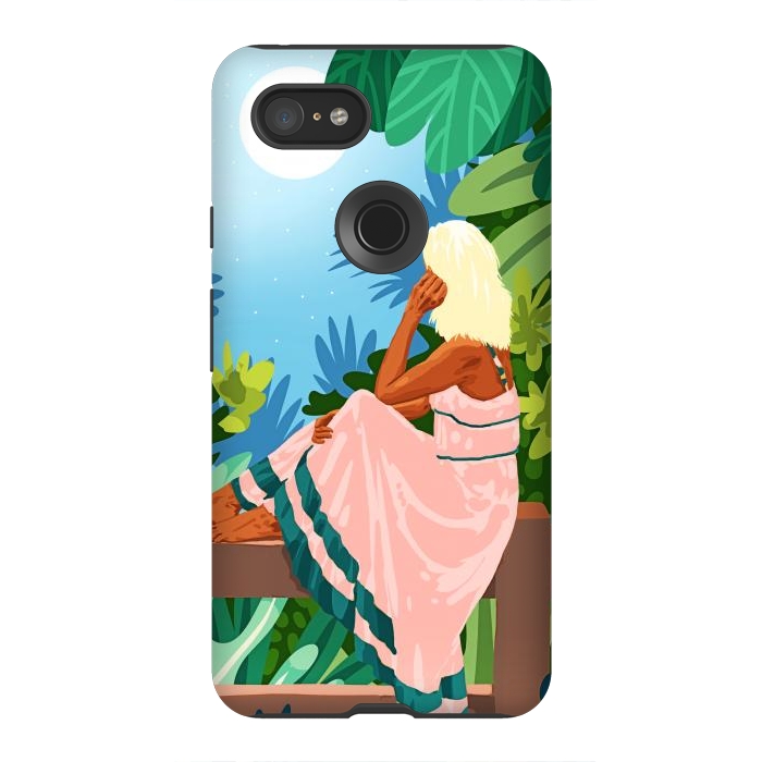 Pixel 3XL StrongFit Forest Moon, Bohemian Woman Jungle Nature Tropical Colorful Travel Fashion Illustration by Uma Prabhakar Gokhale