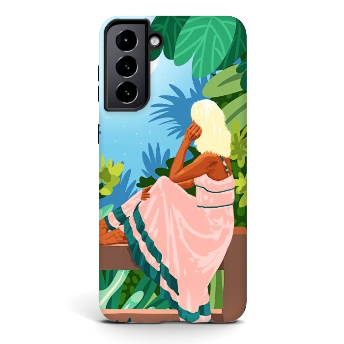 Galaxy S21 StrongFit Forest Moon, Bohemian Woman Jungle Nature Tropical Colorful Travel Fashion Illustration by Uma Prabhakar Gokhale