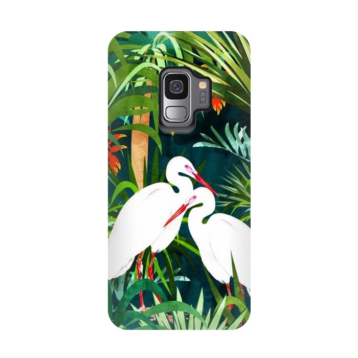 Galaxy S9 StrongFit To Me, You're Perfect, Tropical Jungle Heron Watercolor Vibrant Painting, Stork Birds Wildlife Love by Uma Prabhakar Gokhale